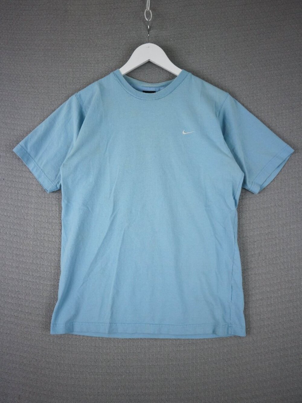 Nike 1990s Vintage Light Baby Blue Embroidered Swoosh Logo Tee Stained (as-is) S